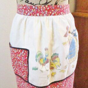 Vintage Handmade, Hand Painted Half Apron, Holly Hobbie Style Print, Chickens
